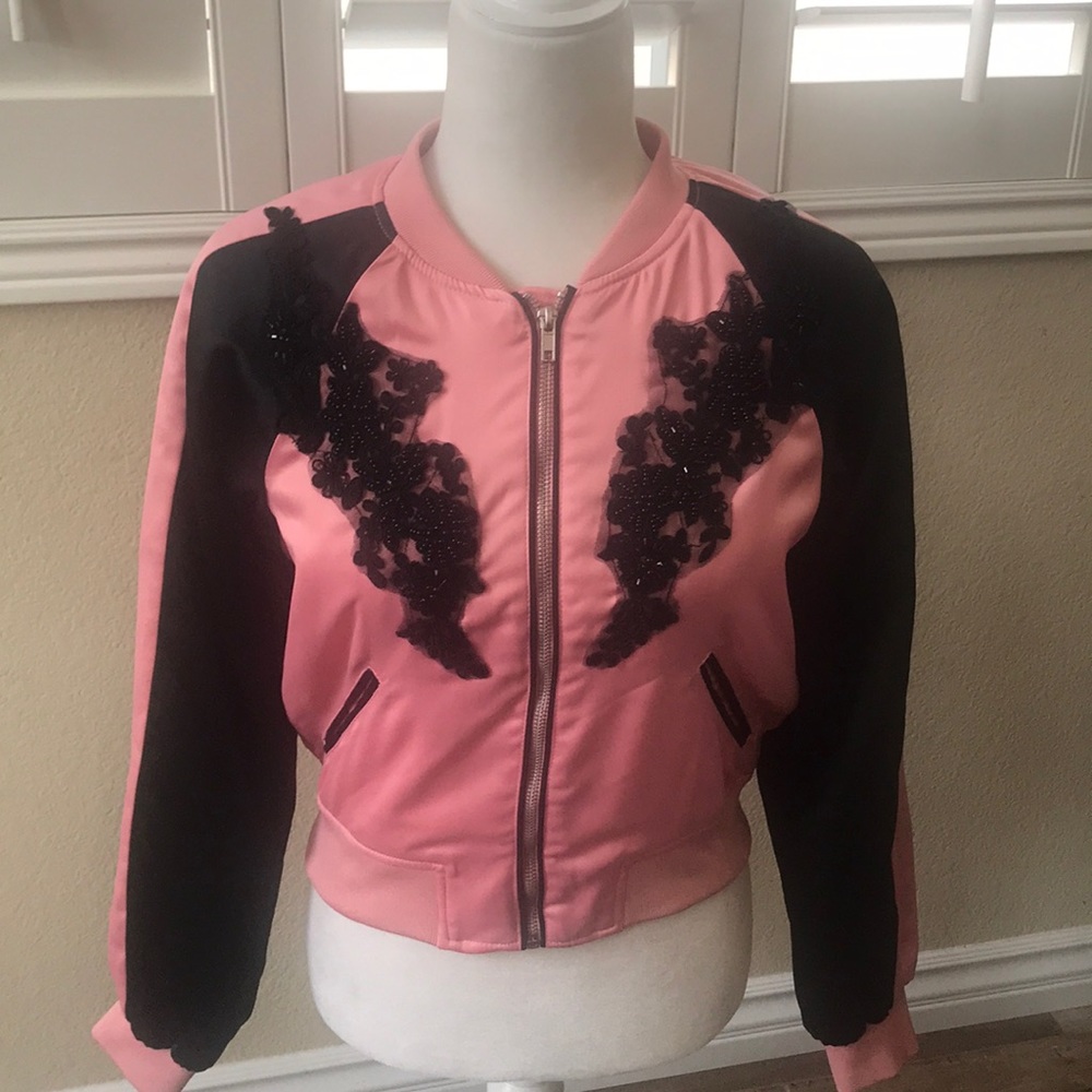 H&M pink satin baseball jacket with sequin